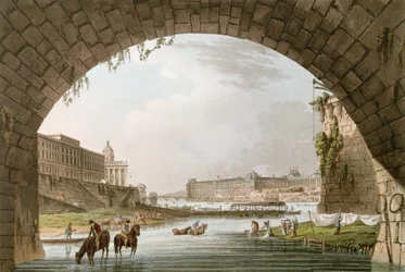 Panorama der Seine vom Pont Neuf aus gesehen, Blick nach Westen zum Louvre, La Monnaie und dem Collège des Quatre Nations, Illustration für 